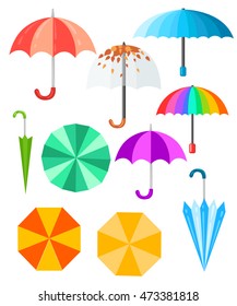 Collection of different types of umbrellas different colors 