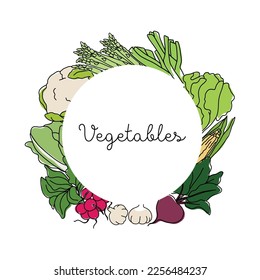 Collection different types of vegetables in line art drawing style in round frame. Vegetables vector set in outline with colored elements. 