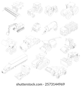 Collection of different types of vehicles, including trucks and tractors. The vehicles are all drawn in black and white. Isometric view. 3D. Vector illustration