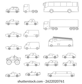 Uma coleção de diferentes tipos de veículos, incluindo carros, caminhões e ônibus. Os veículos são todos desenhados em preto e branco, com algumas rodas. Vista lateral