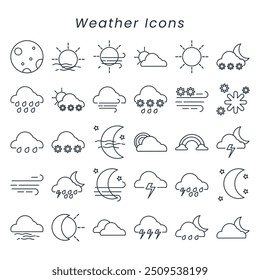 Uma coleção de diferentes tipos de ícones meteorológicos, incluindo gotas de chuva