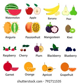 A collection of different useful fruits and berries. Vector illustration.
