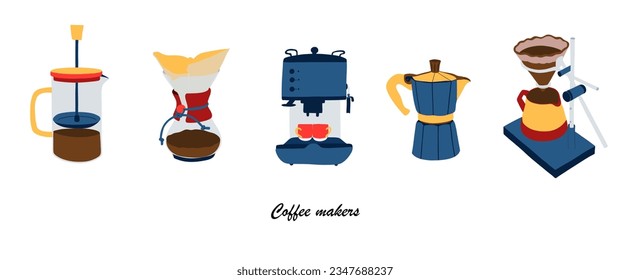 Collection of different various coffee makers. French press, drip, coffee machine, geyser, filter. Hand drawn vector illustration for coffeehouse