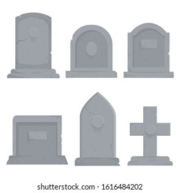 Collection of different various gravestones vector graphic illustration. Cartoon grey grave decoration set isolated on white background. Concept of funeral ceremony design