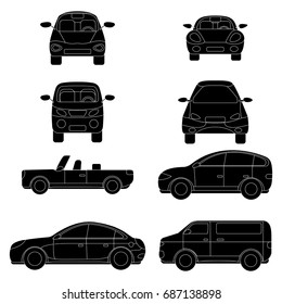 Collection of different vector flat cars in black and white style for your project illustration design