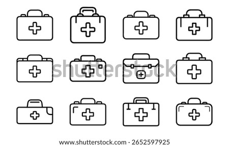Collection of different vector illustrations of medical aid kits with various designs and shapes.