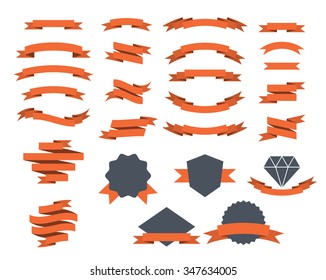 Collection of different vector red ribbons folded and bended in various ways. Five simple elements for easy insignia creation.