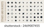 Collection of different vector sparkling stars, abstract shining flash symbols, decorative twinkle and bursts forms, glowing light effect, y2k style basic shapes set, geometric graphic elements