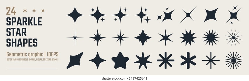 Collection of different vector sparkling stars icon, decorative twinkle and bursts forms, abstract shining flash symbols, glowing light effect, y2k style basic shapes geometric graphic elements