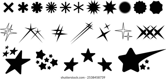 Collection of different vector sparkling stars icon, decorative twinkle and bursts forms, abstract shining flash symbols, glowing light effect, y2k style basic shapes geometric graphic elements