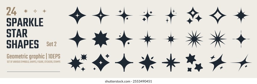 Collection of different vector sparkling stars icon, decorative twinkle and bursts forms, abstract shining flash symbols, glowing light effect, y2k style basic shapes geometric graphic elements set 2