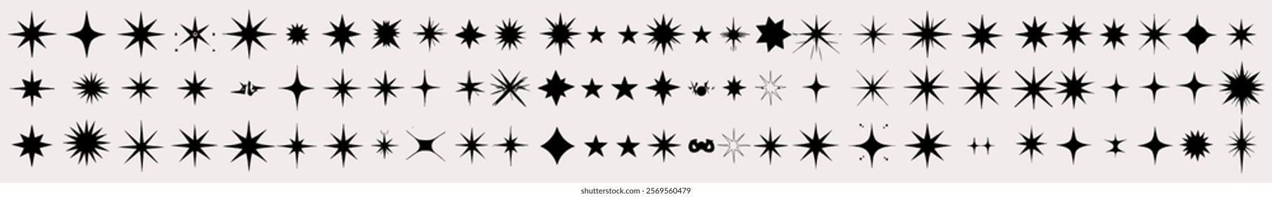 Collection of different vector sparkling stars icon, decorative twinkle and bursts forms. Shining twinkle sunburst shapes collection. Vector illustration