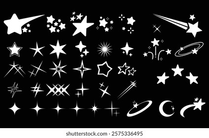 Collection of different vector sparkling stars icon, decorative twinkle and bursts forms, abstract shining flash symbols, glowing light effect, y2k style.