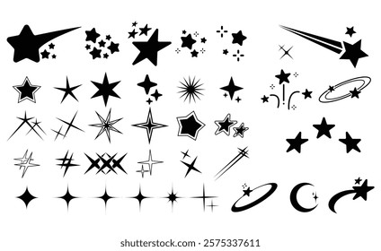 Collection of different vector sparkling stars icon, decorative twinkle and bursts forms, abstract shining flash symbols, glowing light effect, y2k style.