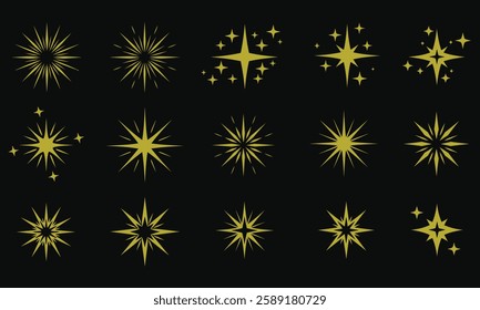 Collection of different vector sparkling stars icon, decorative twinkle and bursts forms, abstract shining flash symbols, glowing light effect, y2k style basic shapes geometric graphic elements