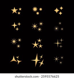 Collection of different vector sparkling stars icon, decorative twinkle and bursts forms, abstract shining flash symbols, glowing light effect, y2k style basic shapes geometric graphic elements 