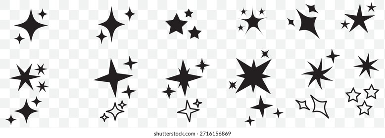 Coleção de diferentes vetor espumante ícone de estrelas, formas decorativas de piscar e estourar, símbolos abstratos de brilho flash, efeito de luz brilhante, estilo y2k formas básicas elementos gráficos geométricos