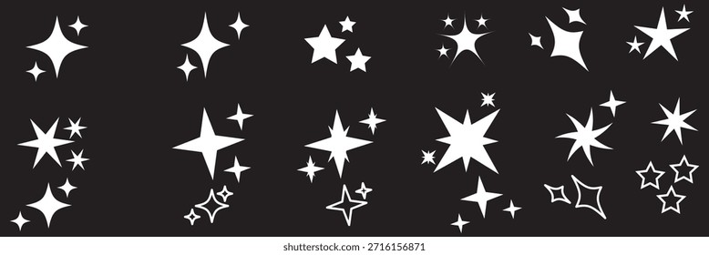 Coleção de diferentes vetor espumante ícone de estrelas, formas decorativas de piscar e estourar, símbolos abstratos de brilho flash, efeito de luz brilhante, estilo y2k formas básicas elementos gráficos geométricos