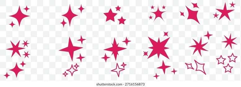 Coleção de diferentes vetor espumante ícone de estrelas, formas decorativas de piscar e estourar, símbolos abstratos de brilho flash, efeito de luz brilhante, estilo y2k formas básicas elementos gráficos geométricos