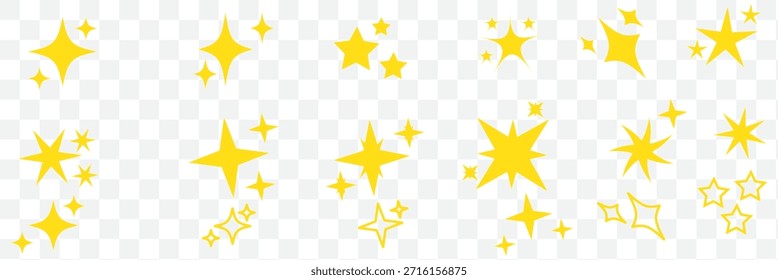 Coleção de diferentes vetor espumante ícone de estrelas, formas decorativas de piscar e estourar, símbolos abstratos de brilho flash, efeito de luz brilhante, estilo y2k formas básicas elementos gráficos geométricos