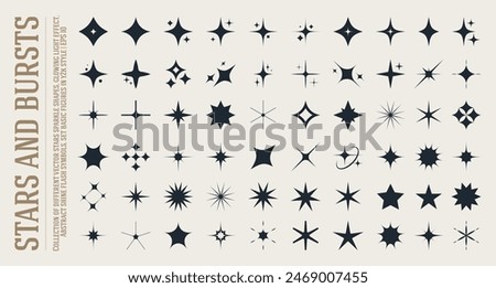 Collection of different vector sparkling stars, abstract shining flash symbols, decorative twinkle and bursts forms, glowing light effect, y2k style basic shapes set, geometric graphic elements