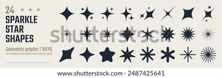 Collection of different vector sparkling stars icon, decorative twinkle and bursts forms, abstract shining flash symbols, glowing light effect, y2k style basic shapes geometric graphic elements