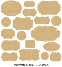 collection of different vintage labels colored brown