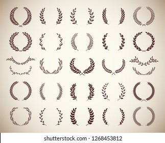 Collection of different vintage silhouette circular laurel foliate, wheat, olive and oak wreaths depicting an award, achievement, heraldry, nobility. Vector illustration.