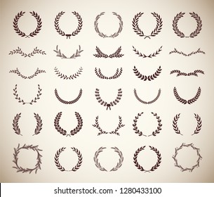Collection of different vintage silhouette circular laurel foliate, wheat and oak wreaths depicting an award, achievement, heraldry, nobility. Vector illustration.