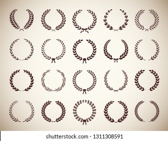 Collection of different vintage silhouette circular laurel foliate, wheat. olive and oak wreaths depicting an award, achievement, heraldry, nobility. Vector illustration.