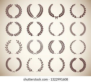 Collection of different vintage silhouette circular laurel foliate, wheat and oak wreaths depicting an award, achievement, heraldry, nobility. Vector illustration.