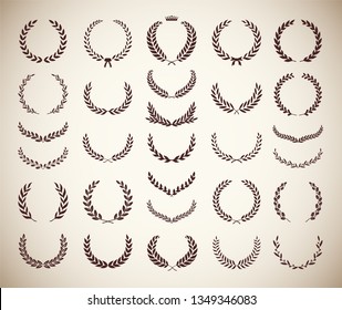 Collection of different vintage silhouette circular laurel foliate, olive and oak wreaths depicting an award, achievement, heraldry, nobility. Vector illustration.