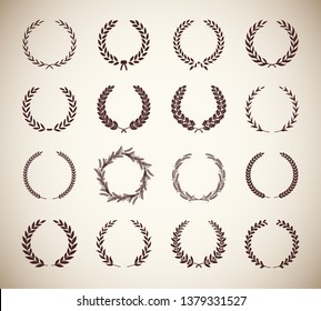 Collection of different vintage silhouette circular laurel foliate, olive, wheat and oak wreaths depicting an award, achievement, heraldry, nobility. Vector illustration.