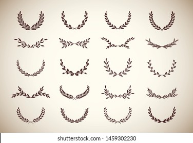 Collection of different vintage silhouette laurel foliate, wheat, oak and olive wreaths depicting an award, achievement, heraldry, nobility, game dev. Vector illustration.