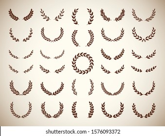 Collection of different vintage silhouette laurel foliate and wheat wreaths depicting an award, achievement, heraldry, nobility, emblem. Vector illustration.