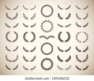 Collection of different vintage silhouette laurel foliate and wheat wreaths depicting an award, achievement, heraldry, nobility, emblem. Vector illustration.