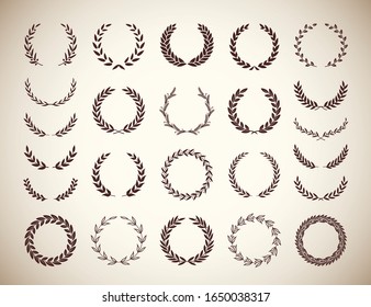 Collection of different vintage silhouette laurel foliate, olive and wheat wreaths depicting an award, achievement, heraldry, nobility, emblem, logo. Vector illustration.