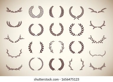Collection of different vintage silhouette laurel foliate, olive and wheat wreaths depicting an award, achievement, heraldry, nobility, emblem, logo. Vector illustration.