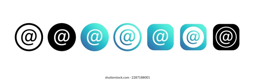 Collection of different web icons of typographic symbol "commercial at". Social media logo. Line art and flat style isolated on white background. Vector line icon for business and advertising