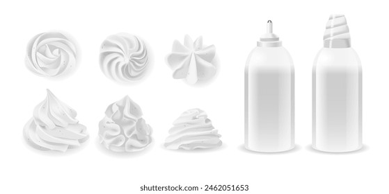 Collection Of Different Whipped Cream And Two Types Of Dispensers In Monochrome Style. Isolated Realistic 3d Vector