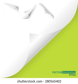 Collection of different white curled corners on the green background shadowed. Vector illustration.