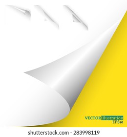 Collection of different white curled corners on the yellow background shadowed. Vector illustration.