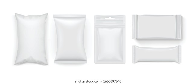 collection of different white food packaging isolated on white background mock up template