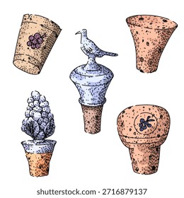 Colección de diferentes tapones de botellas de corcho de vino y corchos naturales, incluidos diseños decorativos con uvas abstractas, bayas y una figura de pájaro, presentados en un estilo vintage dibujado a mano