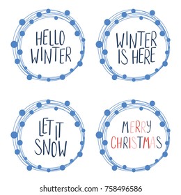 Collection of different winter, Christmas quotes, typographic elements, in round frames . Isolated objects on white background. Vector illustration. Design concept winter holidays, season change.