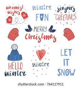 Collection of different winter, Christmas quotes, typographic elements, with hand drawn mittens, knitted hat. Isolated objects on white background. Vector illustration. Design concept winter holidays.