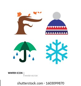 Collection of different winter icons. Tree, wind, wool hat, umbrella, little snow.