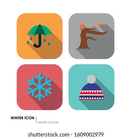 Collection of different winter icons. Tree, wind, wool hat, umbrella, little snow.