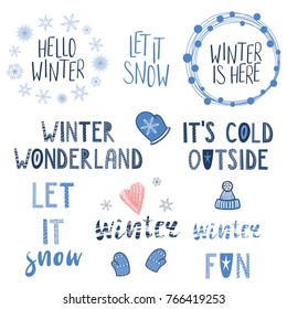 Collection of different winter, snow quotes, typographic elements, with hand drawn mittens, snowflakes. Isolated objects on white background. Vector illustration. Design concept season change.