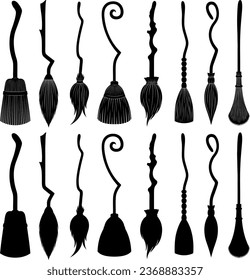 Collection of different witch brooms isolated on white